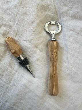Wood Handle Bottle Opener and Wine Stopper Set in Light Olive Wood